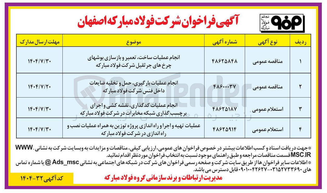 تصویر کوچک آگهی انجام عملیات کدگذاری نقشه کشی و اجرای برچسب گذاری شبکه مخابرات در شرکت فولاد مبارکه