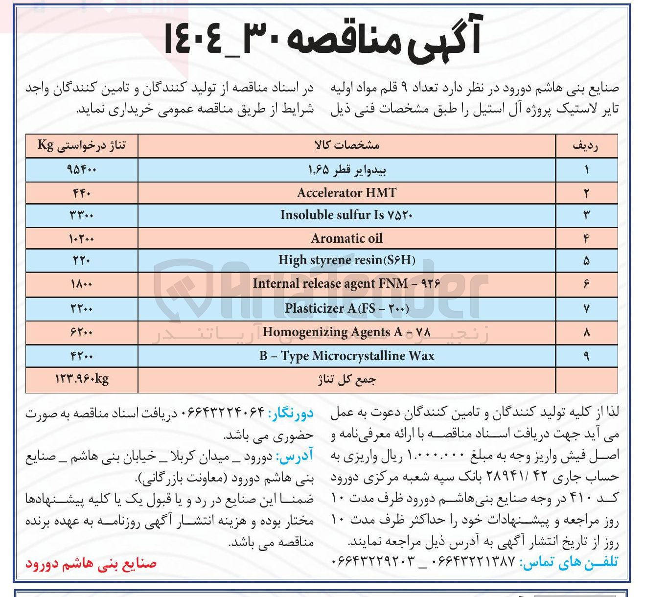 تصویر کوچک آگهی تعداد ۹ قلم مواد اولیه تایر لاستیک