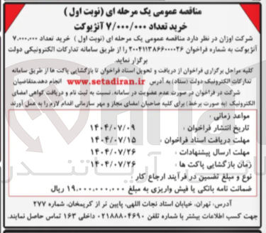 تصویر کوچک آگهی  خرید تعداد ۷/۰۰۰/۰۰۰ آنژیوکت 