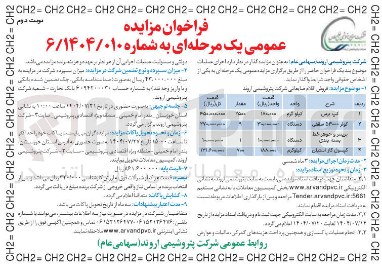 تصویر کوچک آگهی فروش اقلام ضایعاتی شرکت پتروشیمی اروند در 4 ردیف : کپ برس.کپسول گاز استین و....