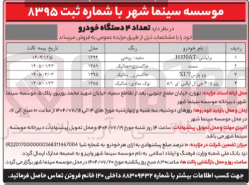 تصویر کوچک آگهی فروش تعداد ۴ دستگاه خودرو 