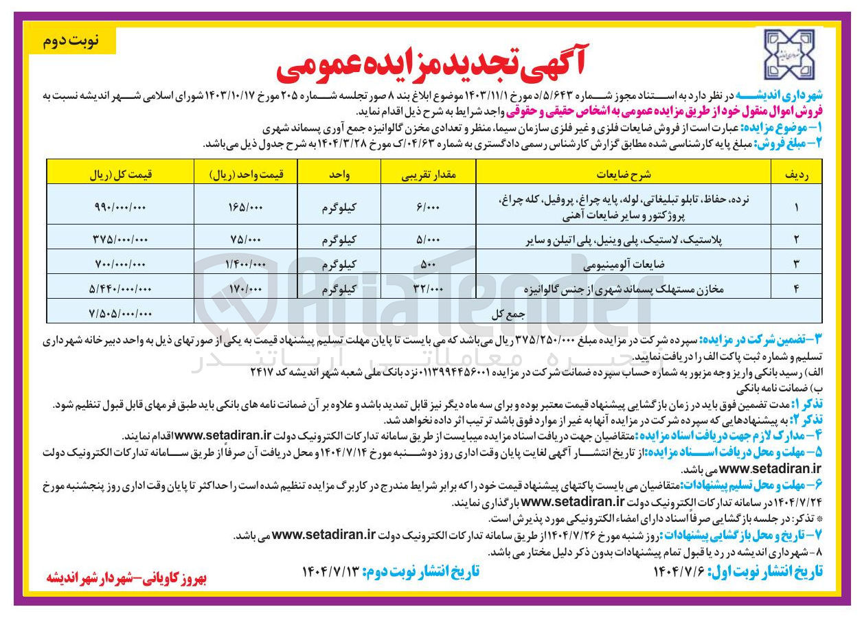 تصویر کوچک آگهی فروش ضایعات فلزی و غیر فلزی سازمان سیما ، منظر و تعدادی مخزن گالوانیزه جمع آوری پسماند شهری