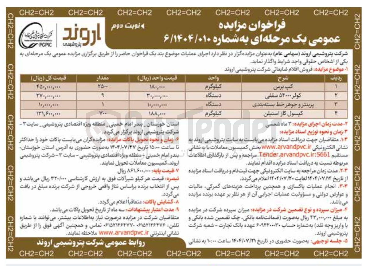 تصویر کوچک آگهی فروش اقلام ضایعاتی در 4 ردیف