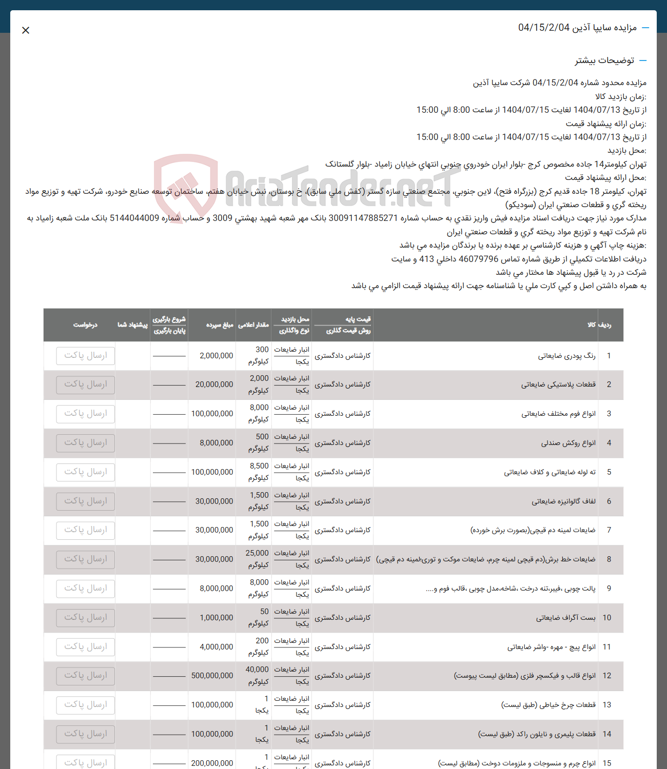 تصویر کوچک آگهی فروش اقلام در 15 ردیف : رنگ پودری ضایعاتی . قطعات پلاستیکی ضایعاتی و....