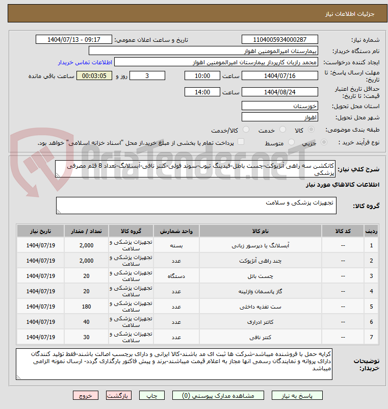 تصویر کوچک آگهی کانکشن سه راهی آنژیوکت-چست باطل-فیدینگ تیوب-سوند فولی-کتتر نافی-آبسلانگ-تعداد 8 قلم مصرفی پزشکی