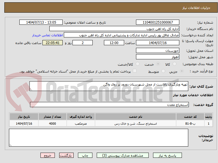تصویر کوچک آگهی تهیه وبارگیری بالاست از محل شهرستان دورود بر روی واگن 