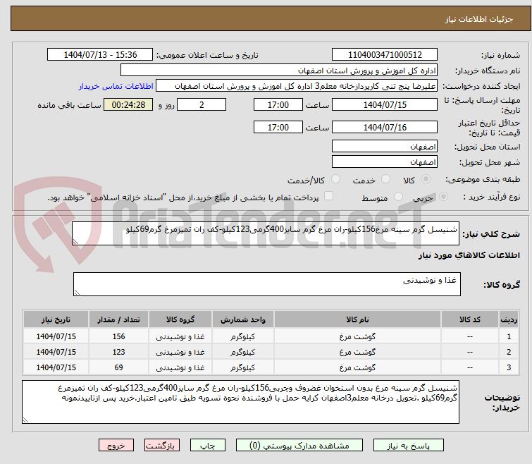 تصویر کوچک آگهی شنیسل گرم سینه مرغ156کیلو-ران مرغ گرم سایز400گرمی123کیلو-کف ران تمیزمرغ گرم69کیلو