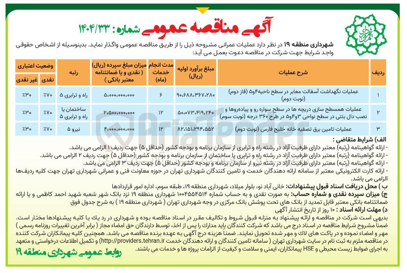 تصویر کوچک آگهی عملیات نگهداشت آسفالت معابر