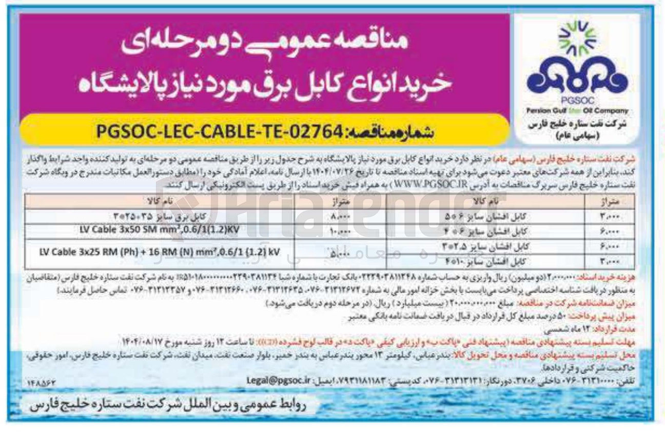 تصویر کوچک آگهی کابل افشان سایز ۴۰۶