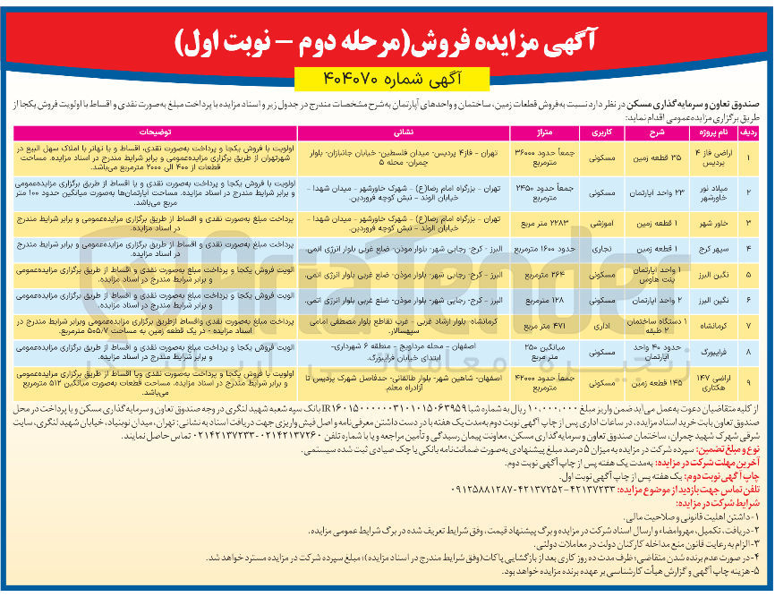 تصویر کوچک آگهی فروش قطعات زمین ساختمان و واحدهای آپارتمان به شرح مشخصات مندرج در جدول زیر در 9 ردیف اداری و ساختمانی و ورزشی