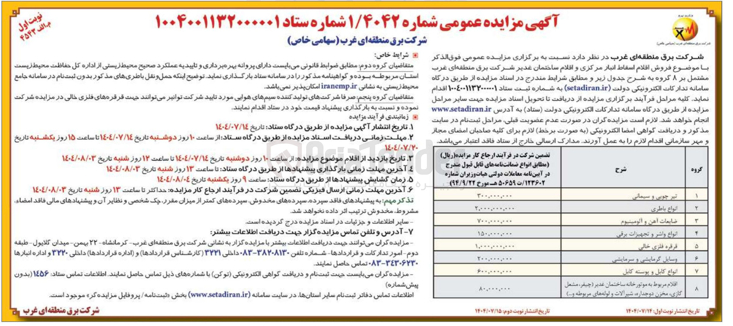 تصویر کوچک آگهی
تیر چوبی و سیمانی
انواع باطری
ضایعات آهن و الومنيوم
انواع واشر و تجهیزات برقی
فرقره فلزی حالی
وسایل گرمایشی و سرمایشی
انواع کابل و پوسته کابل
افلام مربوط به موتور خانه ساختمان قدیر ( جیفر ، مشغل کاری مخزن دوجداره شیرآلات و لوله های مربوطه )