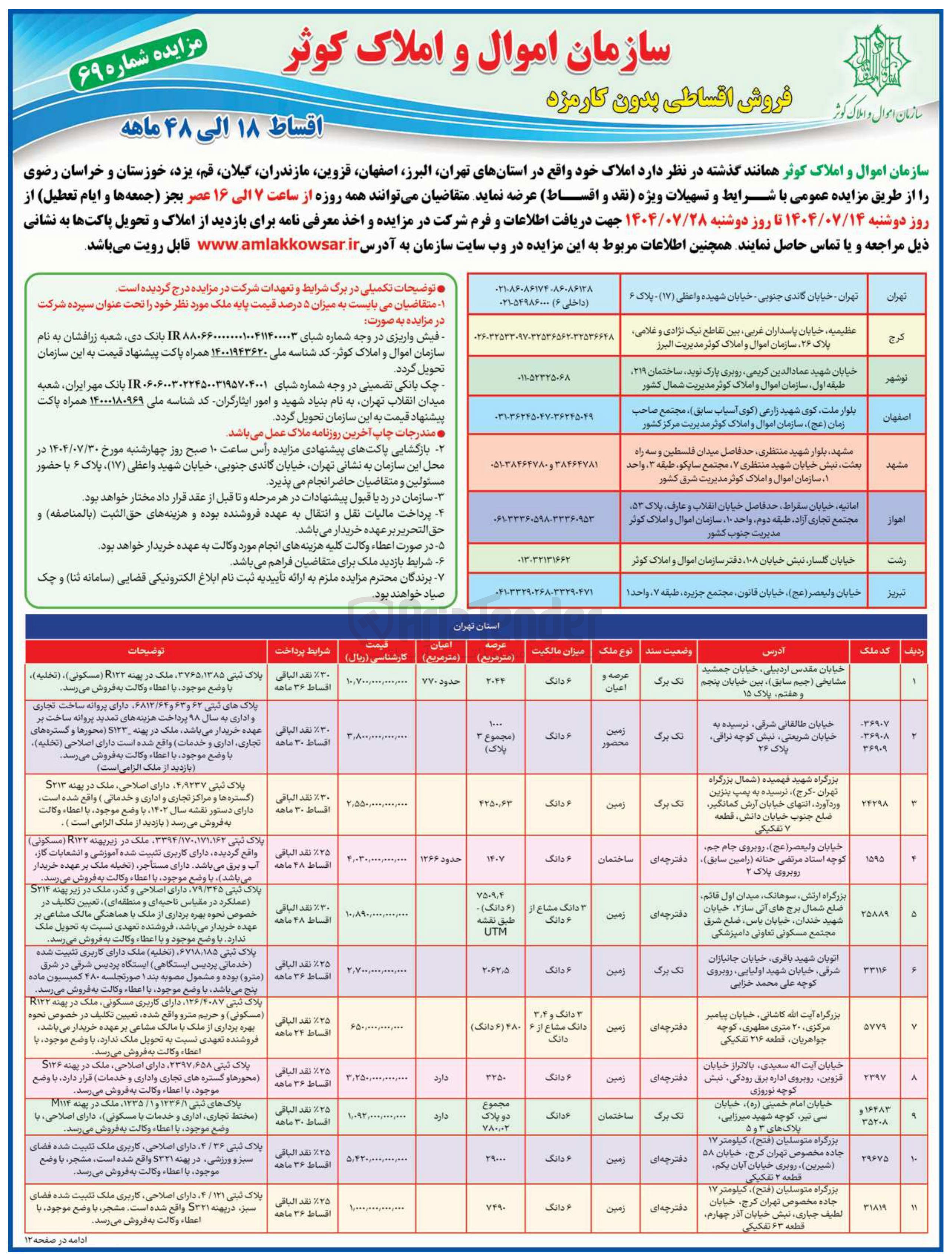 تصویر کوچک آگهی فروش املاک در شهرهای تهران -کرج -نوشهر -اصفهان-مشهد -اهواز- رشت -تبریز با کاربری مسکونی تجاری عرصه اعیان
