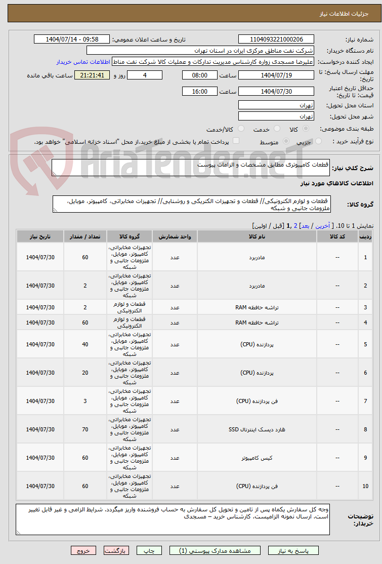 تصویر کوچک آگهی قطعات کامپیوتری مطابق مشخصات و الزامات پیوست