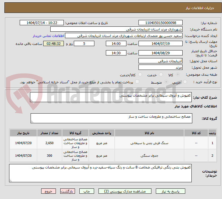 تصویر کوچک آگهی کفپوش و آبروی سیمانی برابر مشخصات پیوستی 