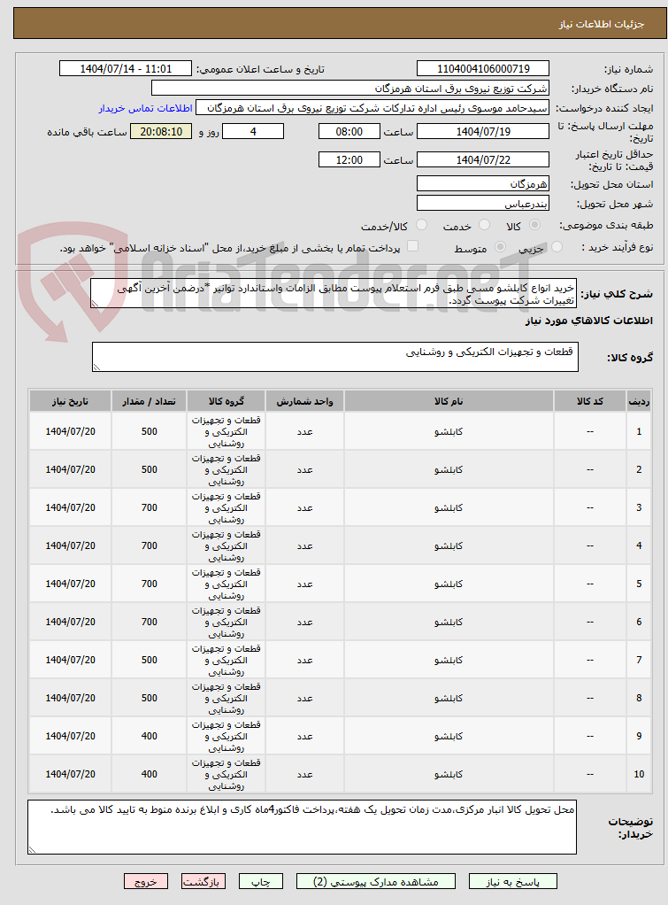 تصویر کوچک آگهی خرید انواع کابلشو مسی طبق فرم استعلام پیوست مطابق الزامات واستاندارد توانیر *درضمن آخرین آگهی تغییرات شرکت پیوست گردد.
