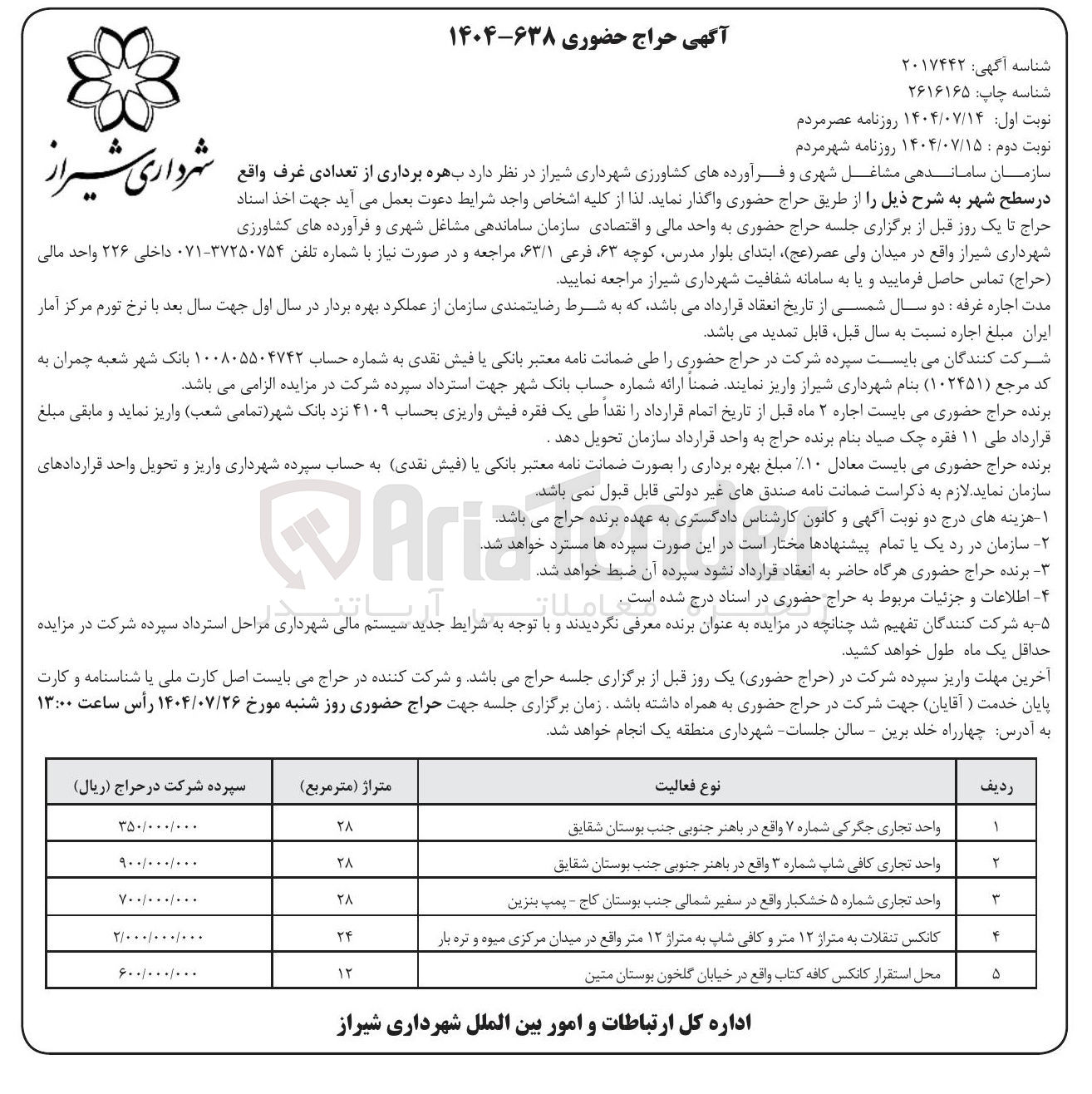 تصویر کوچک آگهی بهره برداری از تعدادی غرف واقع در سطح شهر تجاری و کانکس