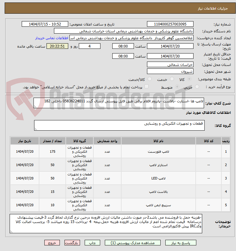 تصویر کوچک آگهی لامپ ها -استارت -بالاست -پاتروم اقلام برقی طبق فایل پیوستی ارسال گردد 05836224011 داخلی 182