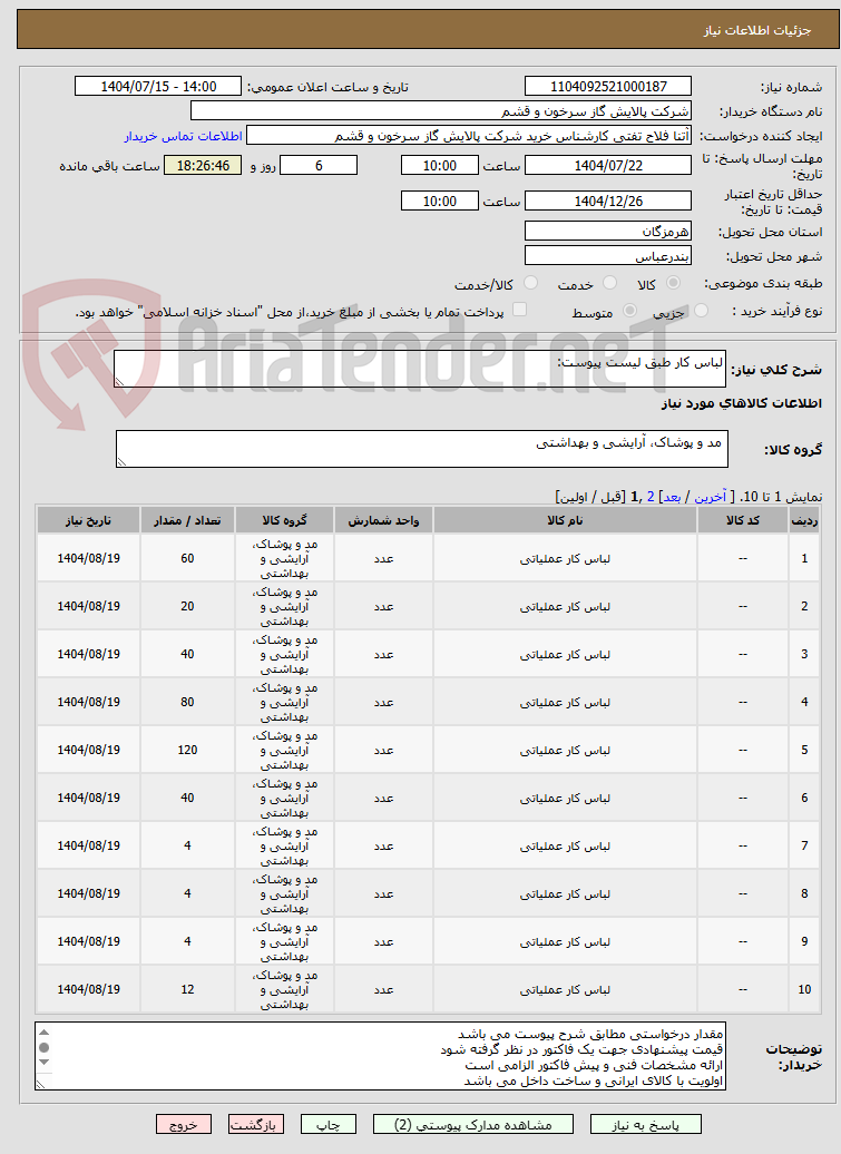 تصویر کوچک آگهی لباس کار طبق لیست پیوست:
