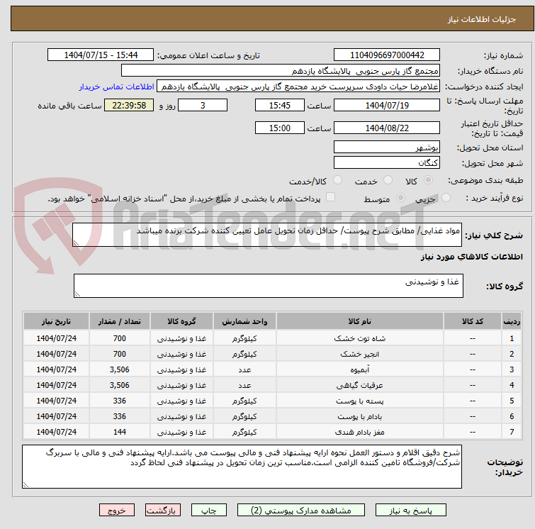 تصویر کوچک آگهی مواد غذایی/ مطابق شرح پیوست/ حداقل زمان تحویل عامل تعیین کننده شرکت برنده میباشد