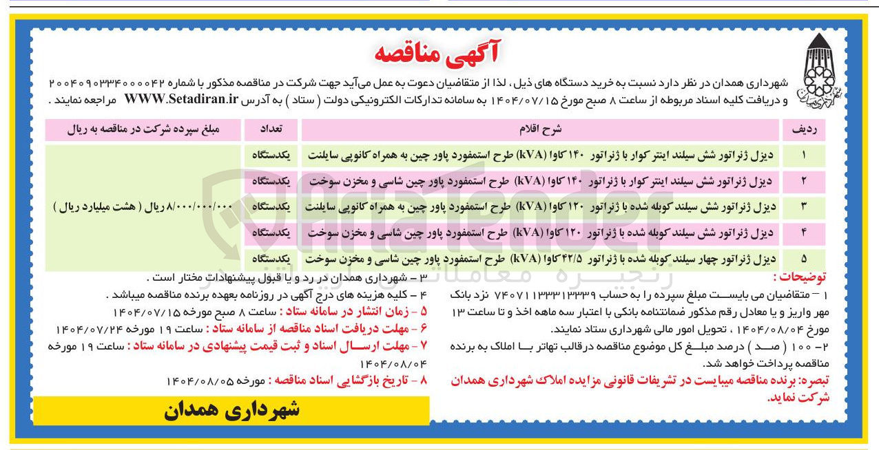 تصویر کوچک آگهی خرید 5 دستگاه دیزل ژنراتور شش سیلند اینتر کوار با ژنراتور 