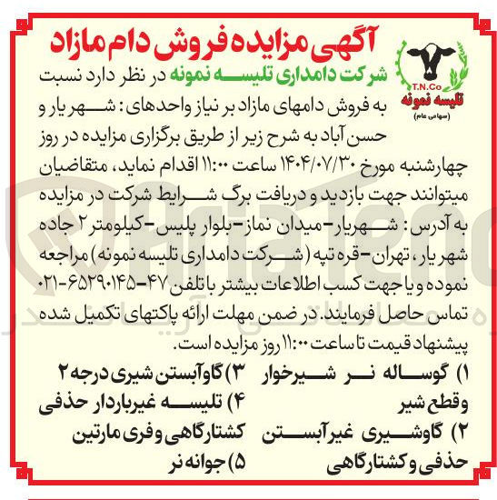 تصویر کوچک آگهی ۲ ( ) گاوشیری غیر آبستن حذفی و کشتارگاهی