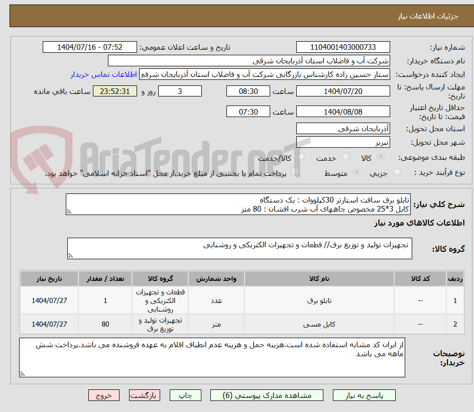 تصویر کوچک آگهی تابلو برق سافت استارتر 30کیلووات : یک دستگاه
کابل 3*25 مخصوص چاههای آب شرب افشان : 80 متر