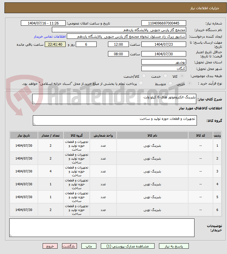 تصویر کوچک آگهی بلبرینگ الکتروموتور های 6 کیلو ولت