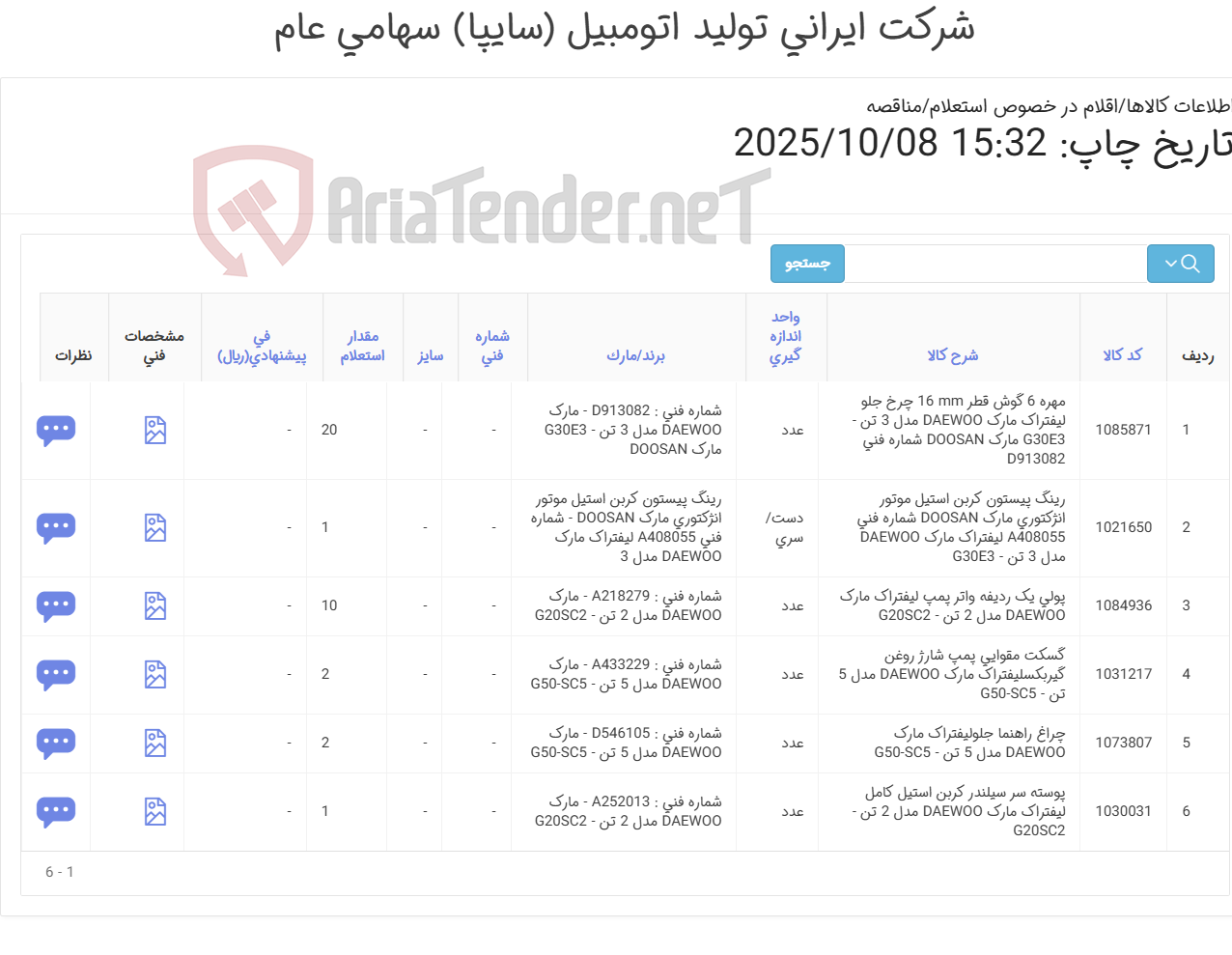 تصویر کوچک آگهی 6 ردیف اقلام یدکی لیفتراک دوو
