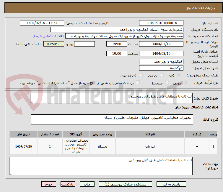 تصویر کوچک آگهی لب تاب با متعلقات کامل طبق فایل پیوستی