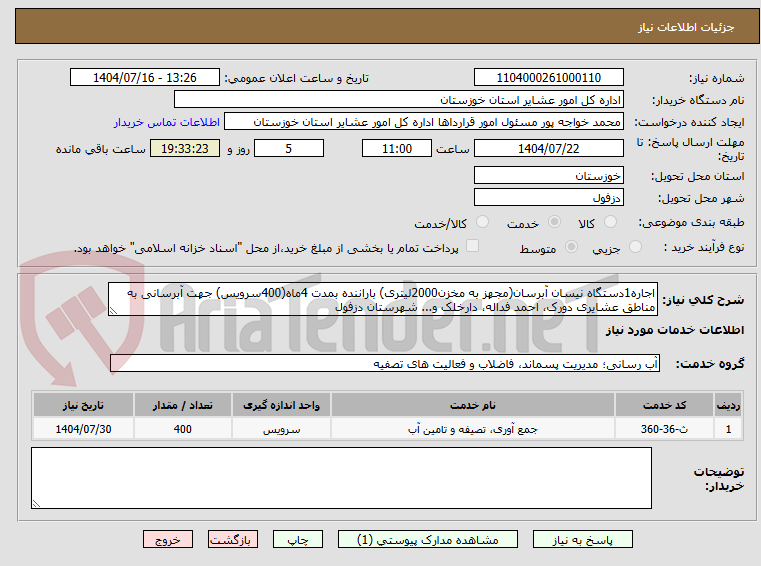 تصویر کوچک آگهی اجاره1دستگاه نیسان آبرسان(مجهز به مخزن2000لیتری) باراننده بمدت 4ماه(400سرویس) جهت آبرسانی به مناطق عشایری دورک، احمد فداله، دارخلک و... شهرستان دزفول 
