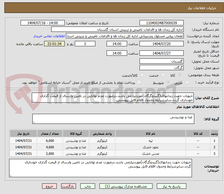 تصویر کوچک آگهی حبوبات جهت زندانهای(گنبدوگرگان)موردنیازمی باشد،درصورت عدم توانایی در تامین وارسال از قیمت گذاری خودداری گردد،سایرشرایط وجدول اقلام فایل پیوستی