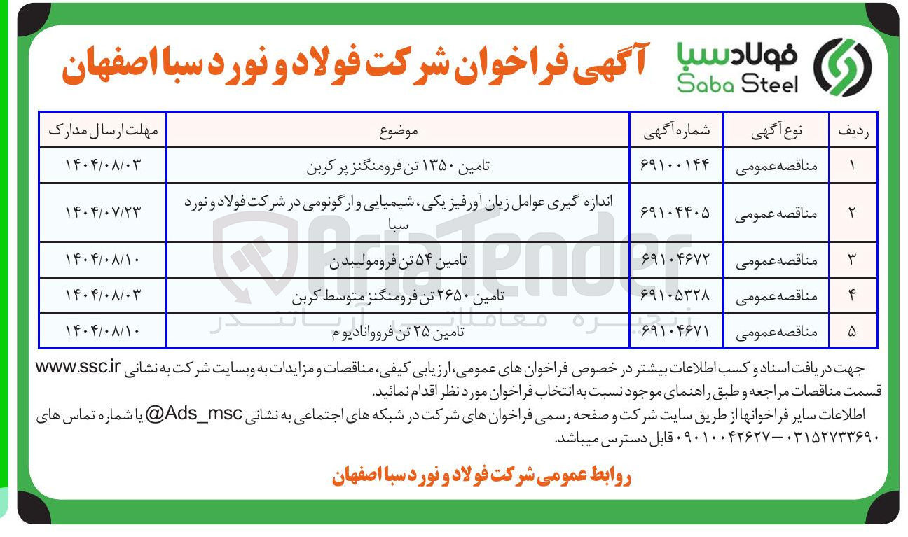 تصویر کوچک آگهی تامین ۲۶۵۰ تن فرومنگنز متوسط کربن 

