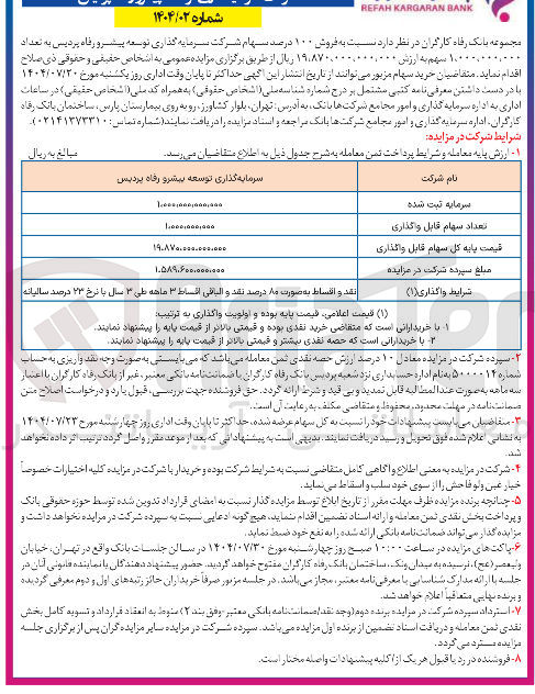 تصویر کوچک آگهی فروش ۱۰۰ درصد سهام شرکت سرمایه گذاری توسعه پیشرو رفاه پردیس