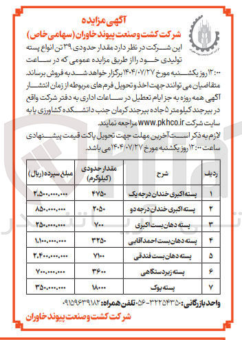 تصویر کوچک آگهی فروش مقدار حدودی ۳۹ تن انواع پسته تولیدی