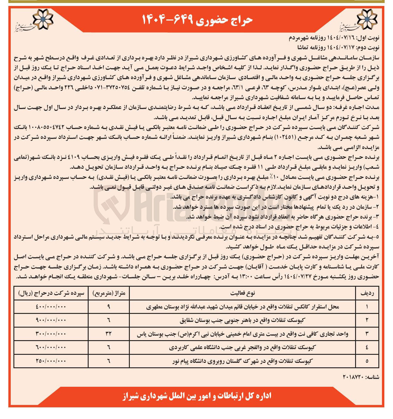 تصویر کوچک آگهی بهره برداری از تعدادی غرف در 5 ردیف