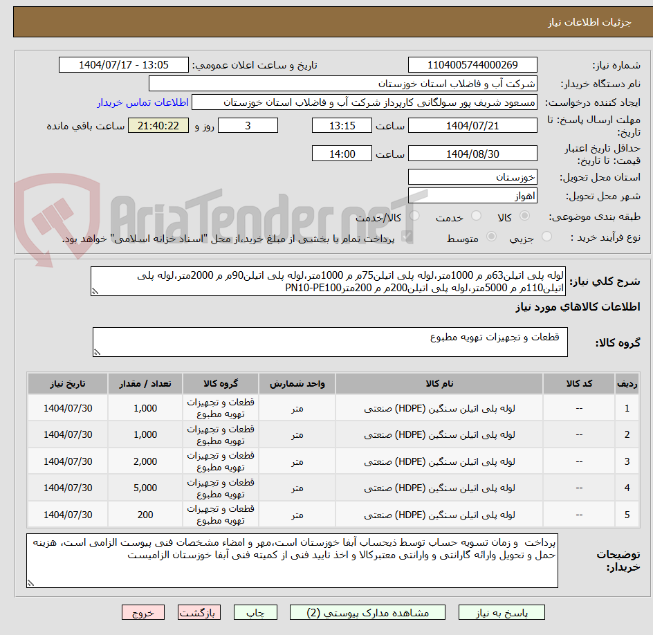 تصویر کوچک آگهی لوله پلی اتیلن63م م 1000متر،لوله پلی اتیلن75م م 1000متر،لوله پلی اتیلن90م م 2000متر،لوله پلی اتیلن110م م 5000متر،لوله پلی اتیلن200م م 200مترPN10-PE100