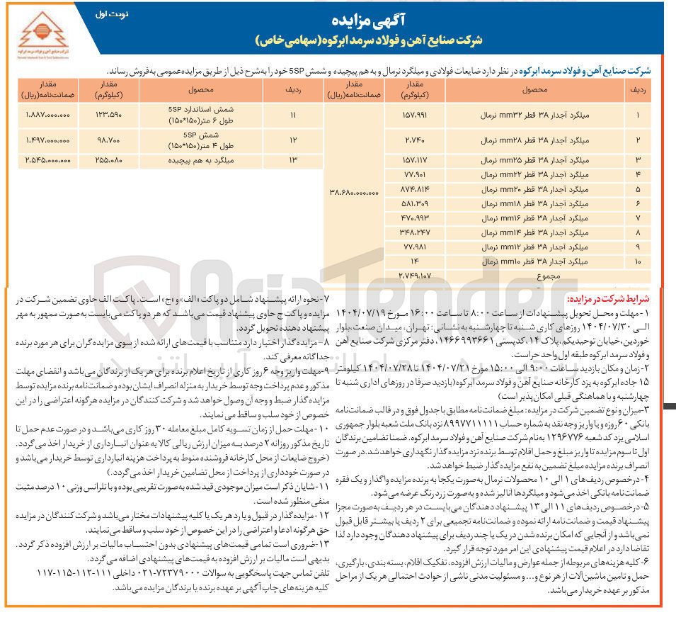 تصویر کوچک آگهی فروش ضایعات فولادی و میلگرد نرمال و به هم پیچیده و شمش SSP 13 ردیف
