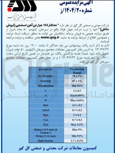 تصویر کوچک آگهی فروش  حداکثر 113 هزار تن آهن اسفنجی فروش داخلی 