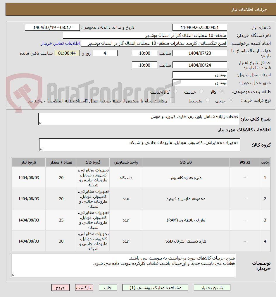 تصویر کوچک آگهی قطعات رایانه شامل پاور، رم، هارد، کیبورد و موس