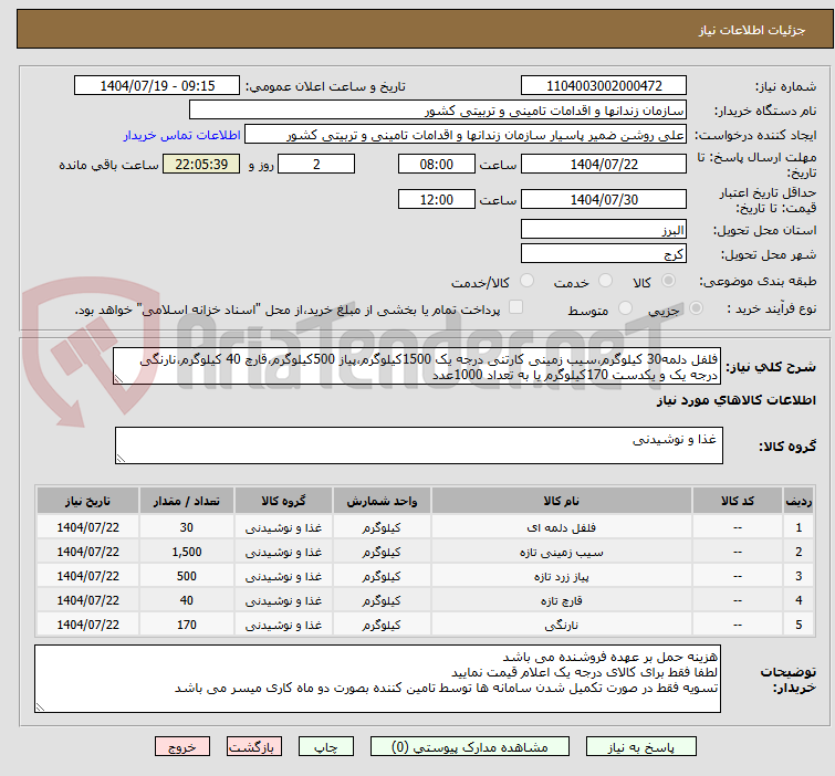 تصویر کوچک آگهی فلفل دلمه30 کیلوگرم،سیب زمینی کارتنی درجه یک 1500کیلوگرم،پیاز 500کیلوگرم،قارچ 40 کیلوگرم،نارنگی درجه یک و یکدست 170کیلوگرم یا به تعداد 1000عدد