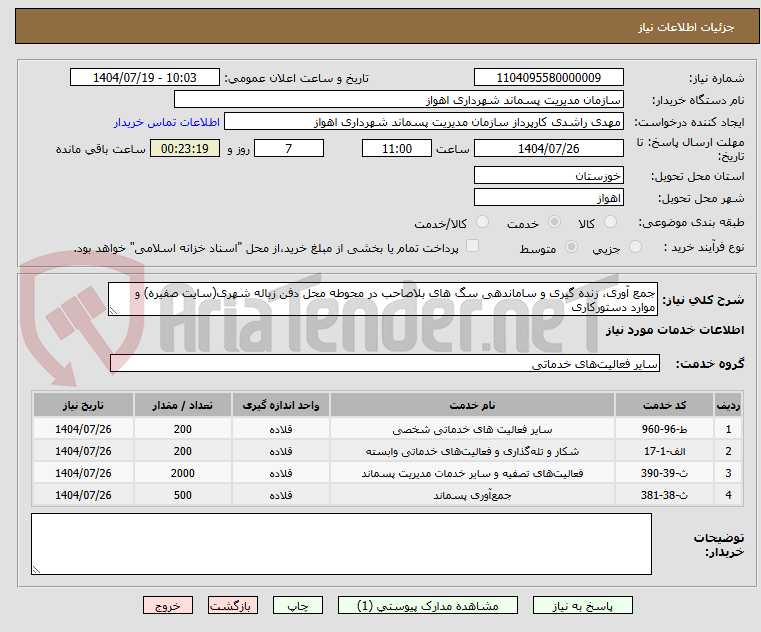 تصویر کوچک آگهی جمع آوری، زنده گیری و ساماندهی سگ های بلاصاحب در محوطه محل دفن زباله شهری(سایت صفیره) و موارد دستورکاری 