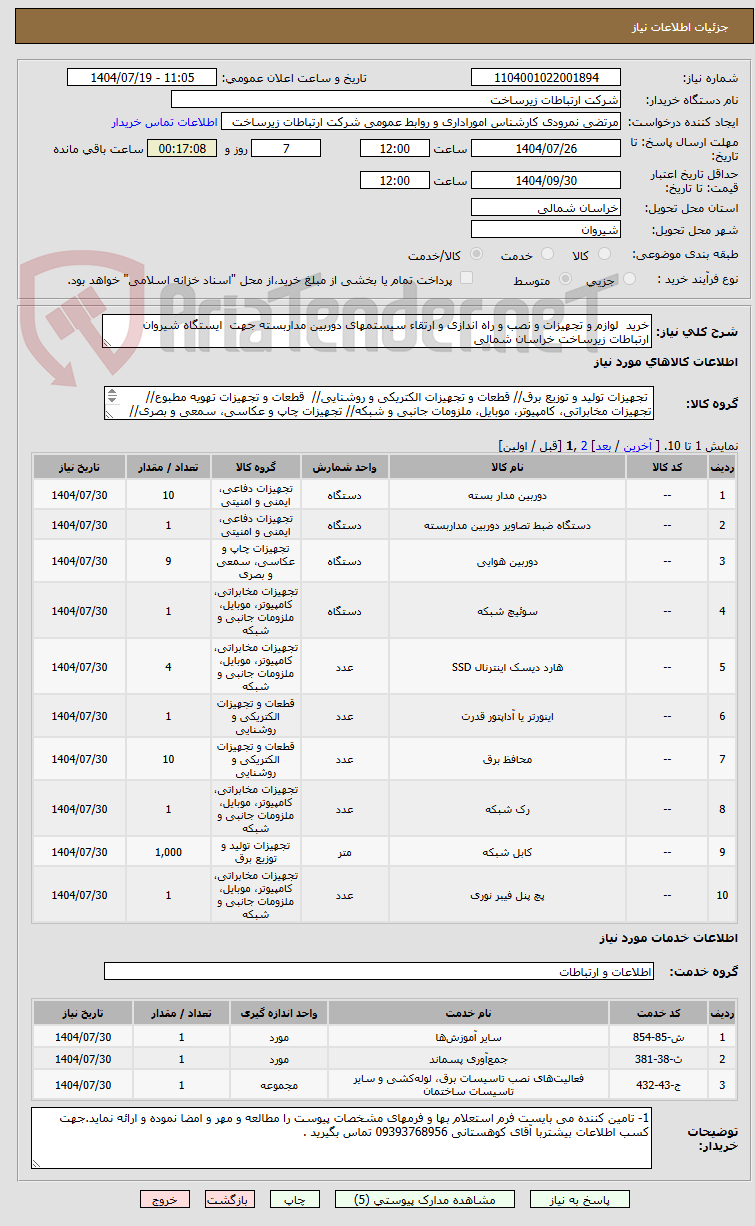تصویر کوچک آگهی خرید لوازم و تجهیزات و نصب و راه اندازی و ارتقاء سیستمهای دوربین مداربسته جهت ایستگاه شیروان ارتباطات زیرساخت خراسان شمالی