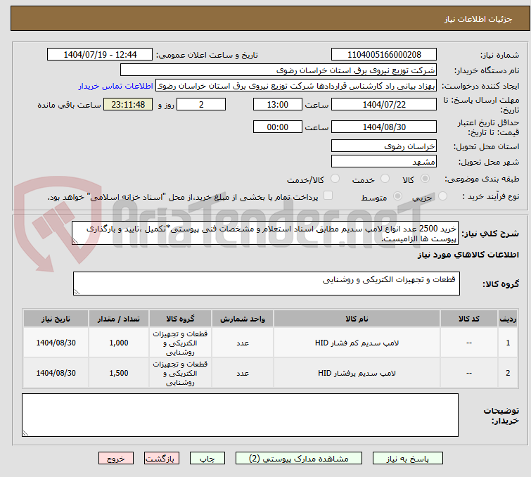 تصویر کوچک آگهی خرید 2500 عدد انواع لامپ سدیم مطابق اسناد استعلام و مشخصات فنی پیوستی*تکمیل ،تایید و بارگذاری پیوست ها الزامیست.