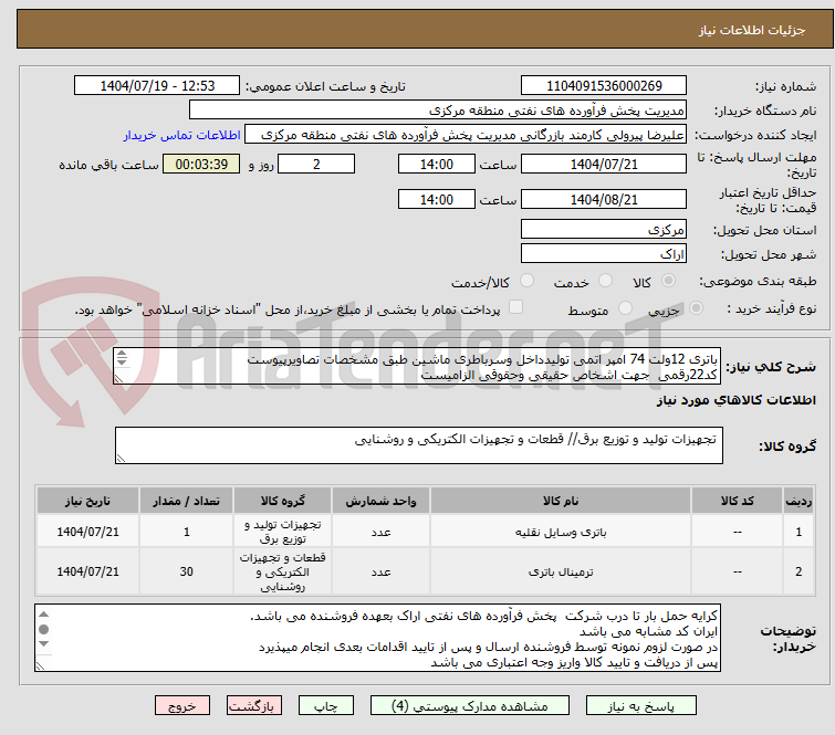 تصویر کوچک آگهی باتری 12ولت 74 امپر اتمی تولیدداخل وسرباطری ماشین طبق مشخصات تصاویرپیوست 
کد22رقمی  جهت اشخاص حقیقی وحقوقی الزامیست
مهلت تامین سه روزه است
