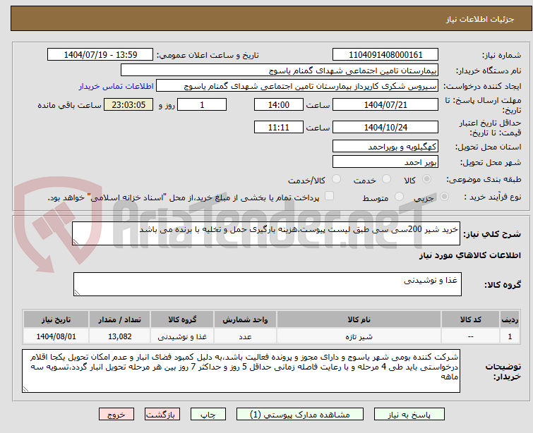 تصویر کوچک آگهی خرید شیر 200سی سی طبق لیست پیوست.هزینه بارگیری حمل و تخلیه با برنده می باشد