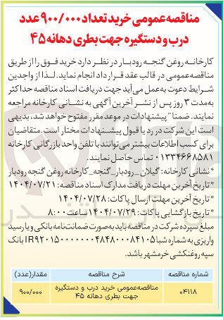 تصویر کوچک آگهی خرید تعداد ۹۰۰/۰۰۰ عدد درب و دستگیره جهت بطری دهانه ۴۵ 