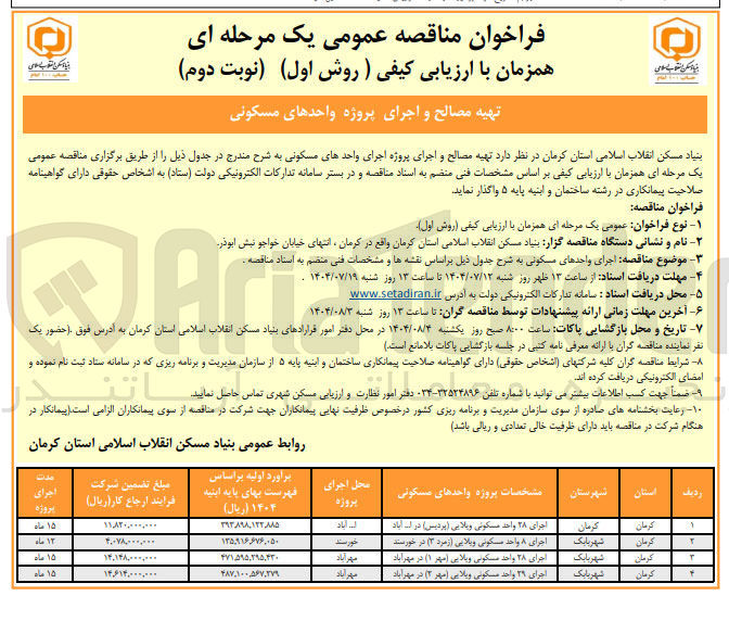 تصویر کوچک آگهی تهیه مصالح و اجرای پروژه 28 واحد مسکونی ویلایی
