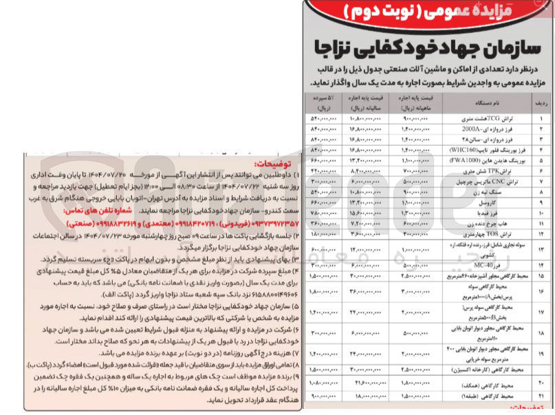تصویر کوچک آگهی اجاره  تعدادی از اماکن و ماشین آلات صنعتی در 21 ردیف