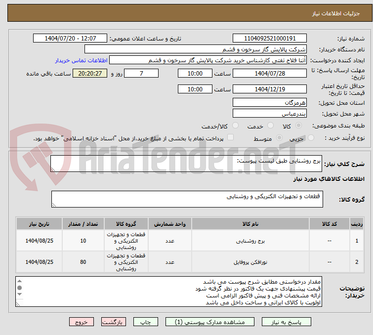 تصویر کوچک آگهی برج روشنایی طبق لیست پیوست: