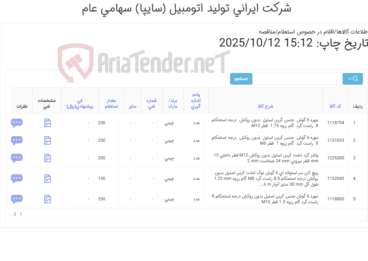 تصویر کوچک آگهی تامین پنج ردیف مهره، پیچ آلن و واشر